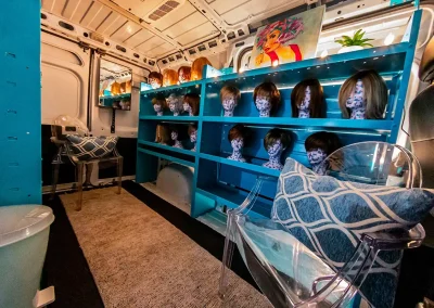 The inside of a mobile wig shop